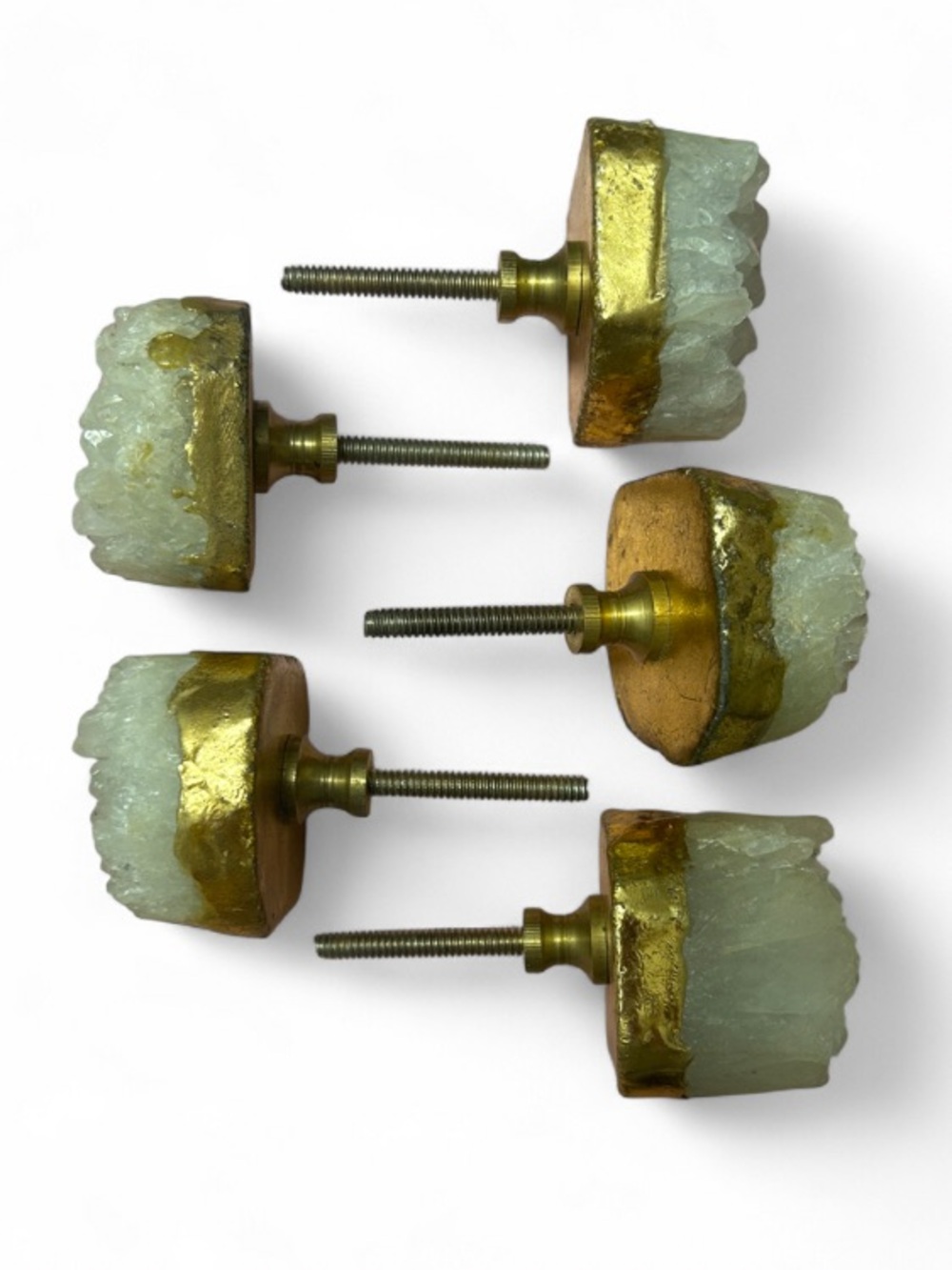 5 Pcs Clear Quartz Geode Cabinet Knobs Drawer Pulls Gold Trim Home Decor Boho